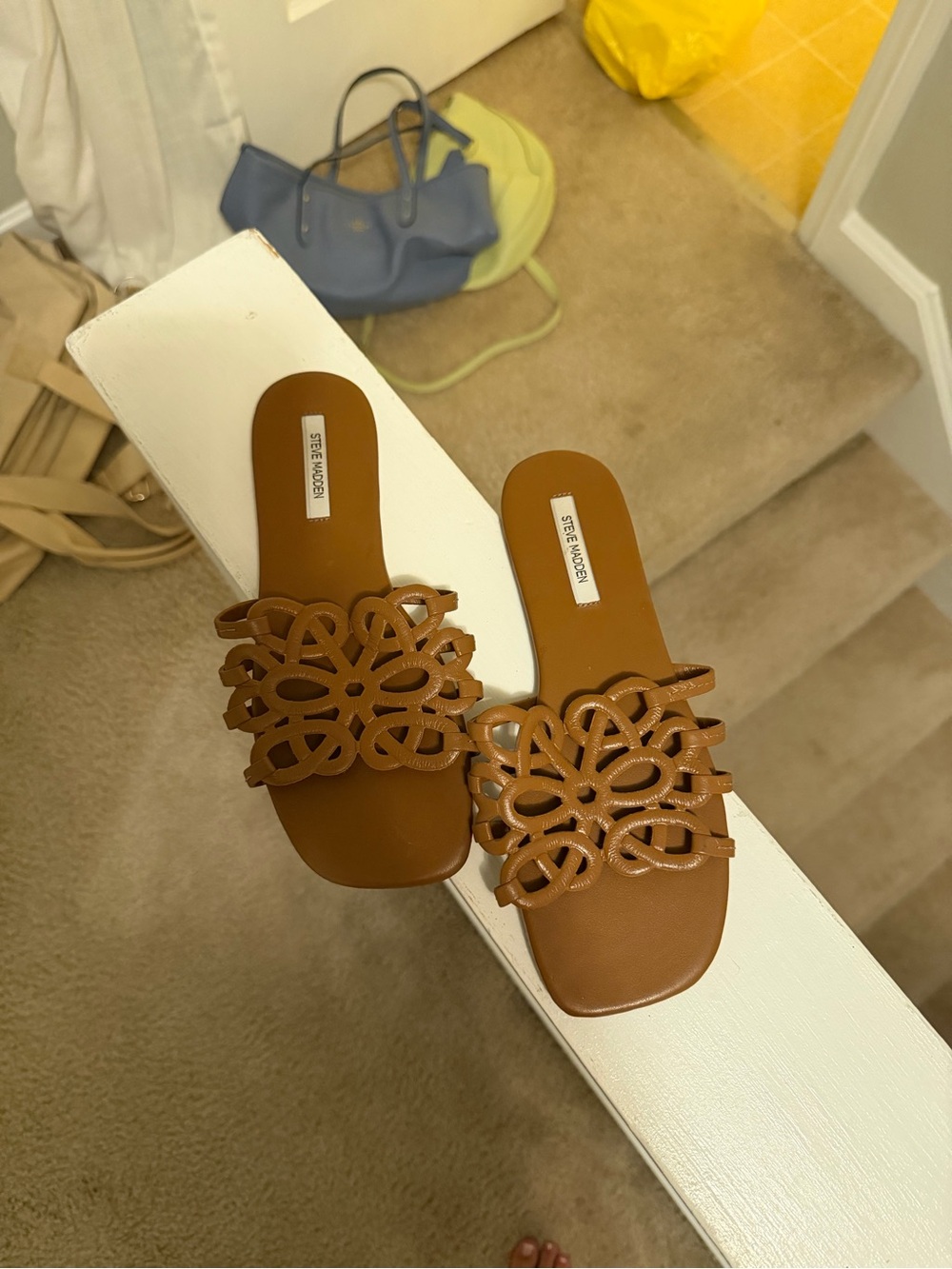 Steve Madden Women’s Tan Brown Laser-Cut Slide Sandals